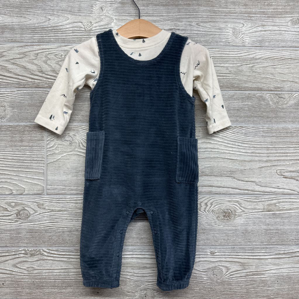 Ribbed Overalls W/ LS Shirt Trees & Bears 3-6M