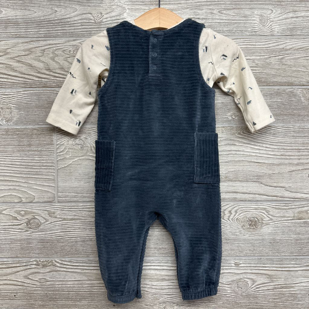 Ribbed Overalls W/ LS Shirt Trees & Bears 3-6M