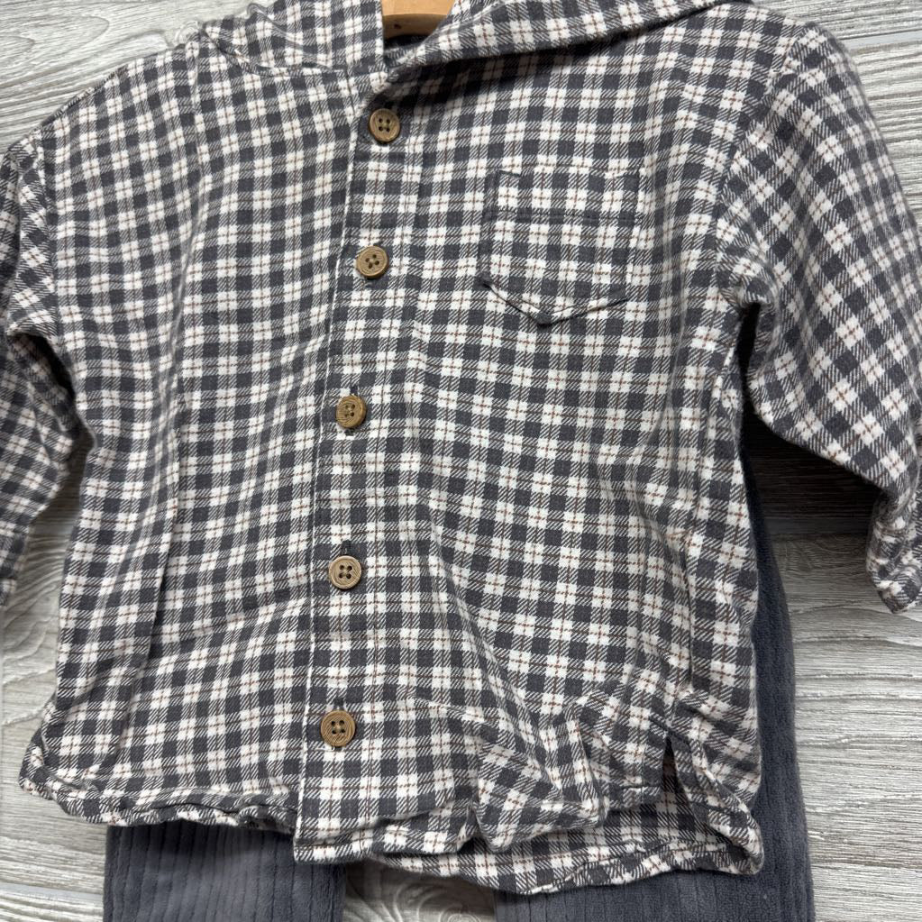Button Up Plaid Shirt W/ Hood & Ribbed Pants 6-9M