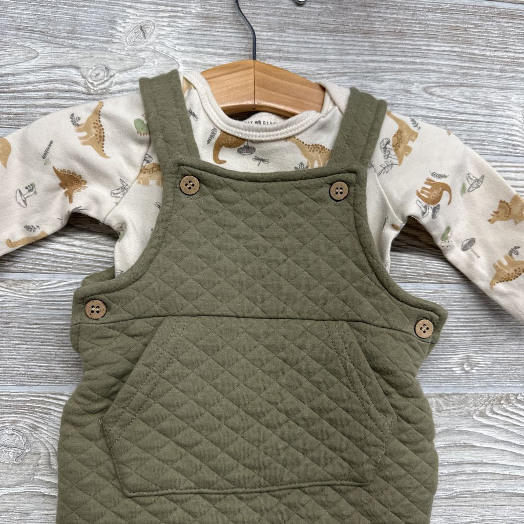 Quilted Overalls W/ LS Dinosaur Shirt 3-6M