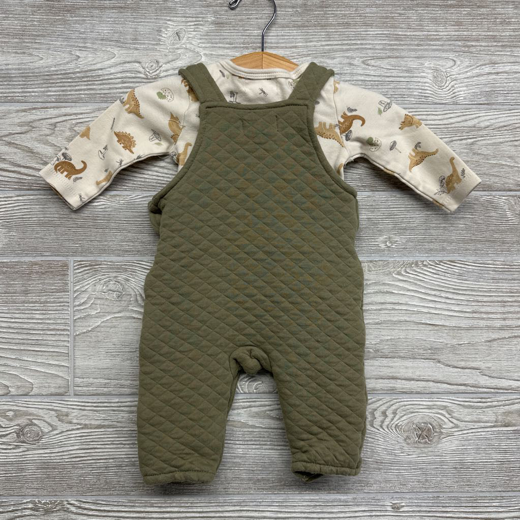 Quilted Overalls W/ LS Dinosaur Shirt 3-6M