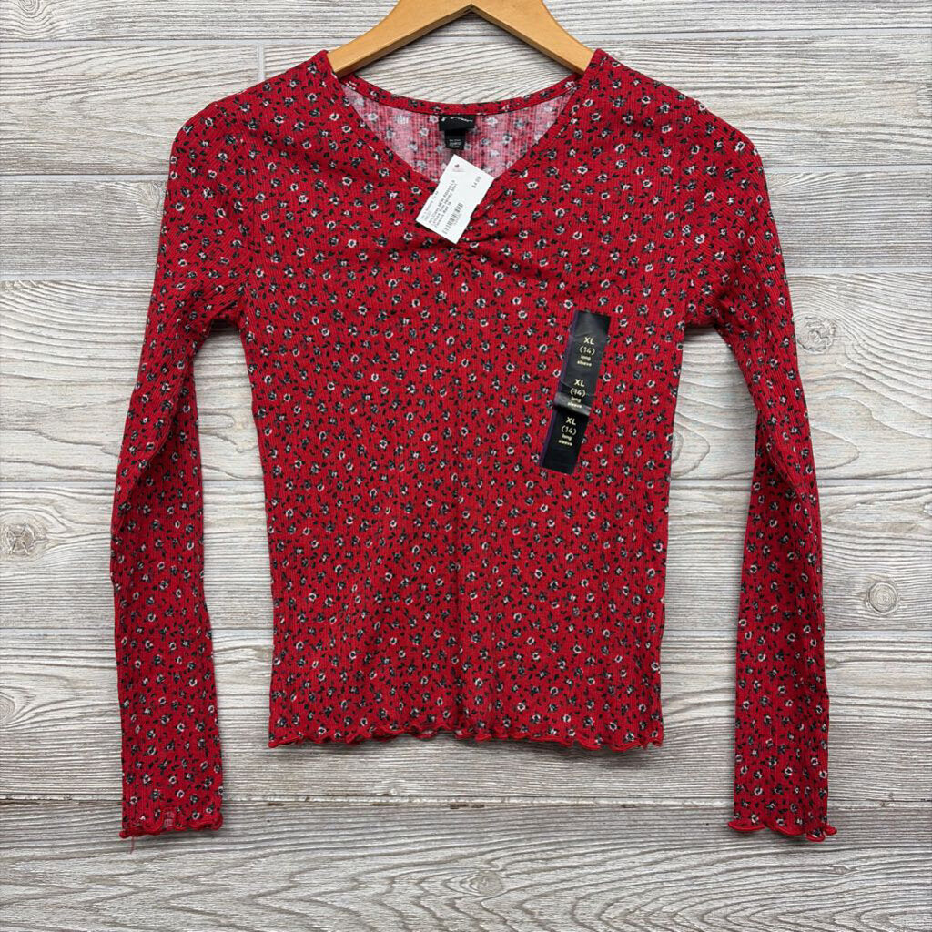 NEW Ribbed LS Lettuce Trim Henley Shirt Flowers