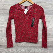 NEW Ribbed LS Lettuce Trim Henley Shirt Flowers