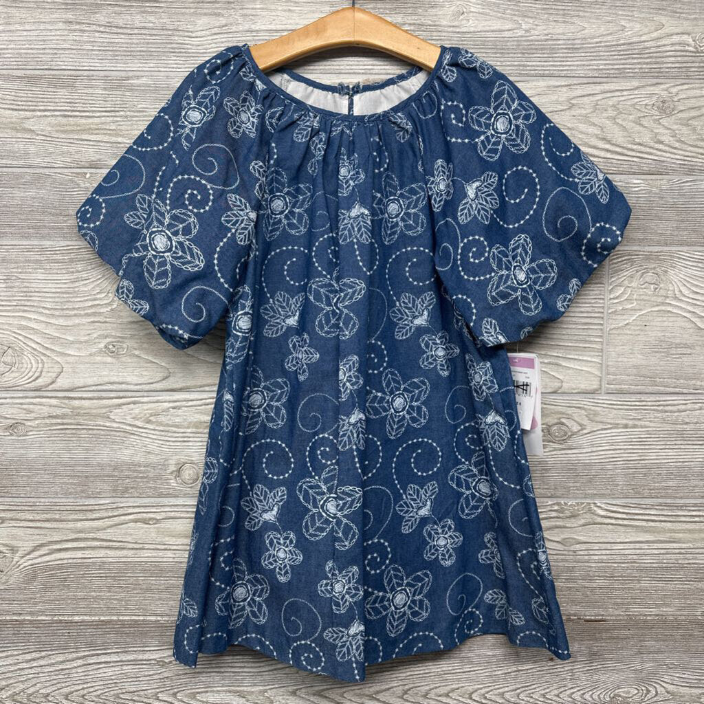 NEW Chambray Dress Flowers Puffy Sleeves