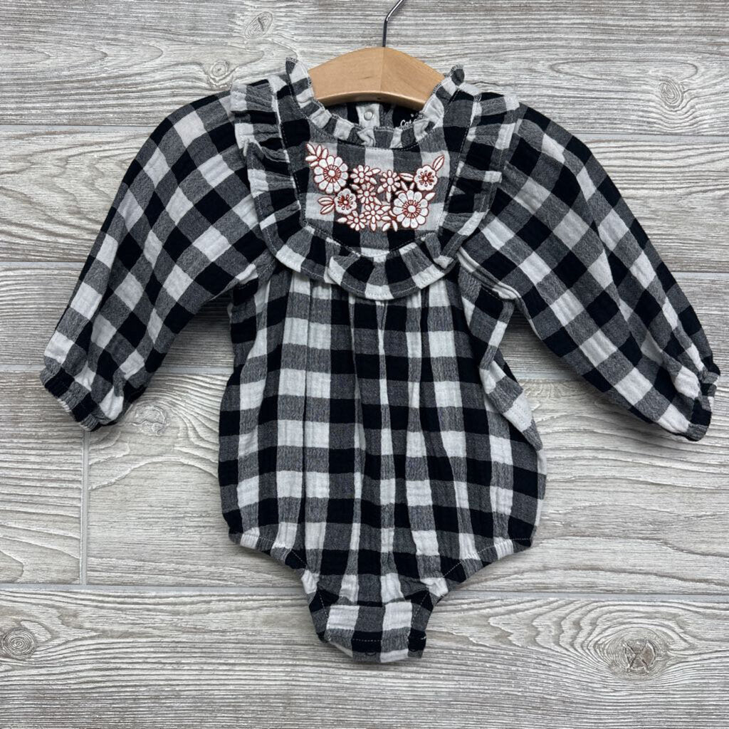 LS Romper Buffalo Plaid Flowers Ruffles