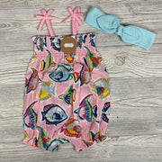 NEW Tank Smocked Bubble Romper & Headwrap Fish Bow Straps