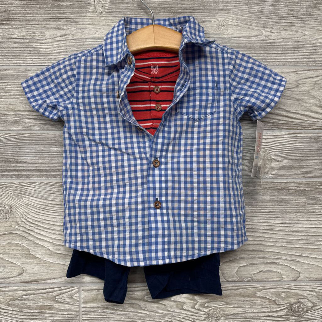 NEW 3 Pc Outfit Button Up Gingham Shirt, Striped Bodysuit, Shorts