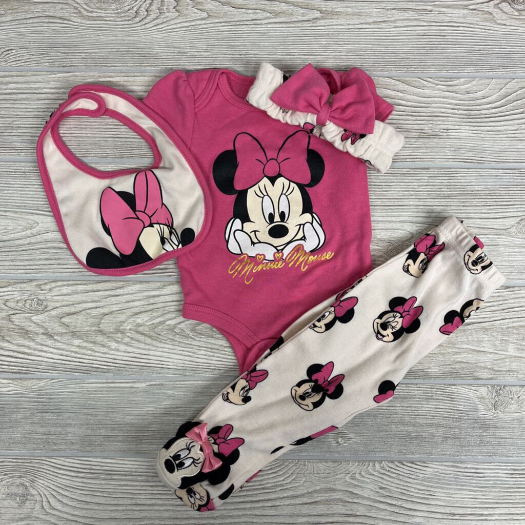 2 Pc Bodysuit & Footed Pants W/ Headwrap & Bib Minnie Mouse