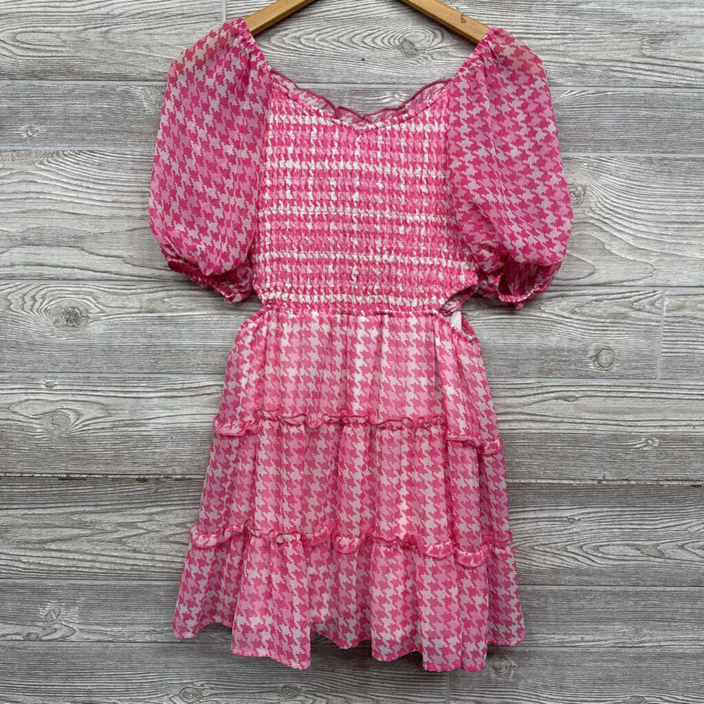 Smocked Tiered Side Cut Out Pixel Houndstooth Dress