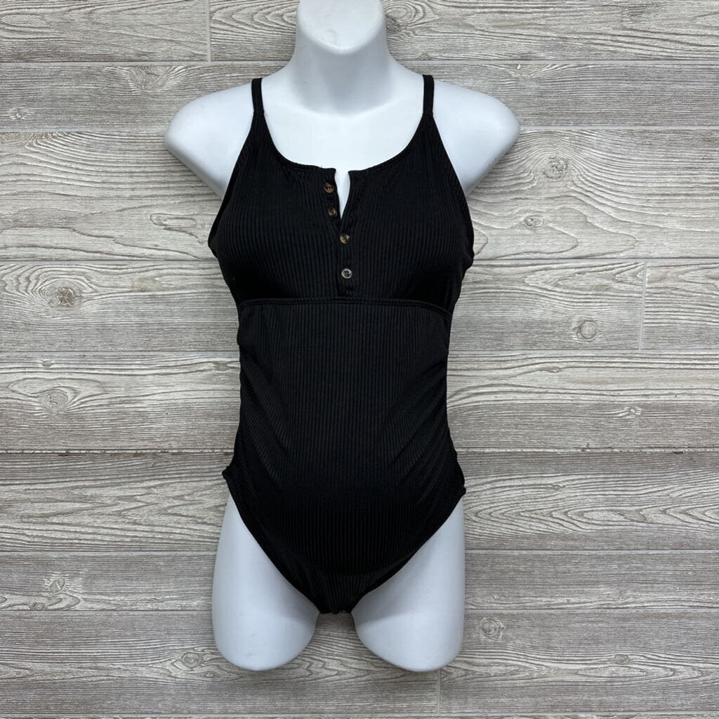 Ruched Ribbed 1/4 Button Swimsuit
