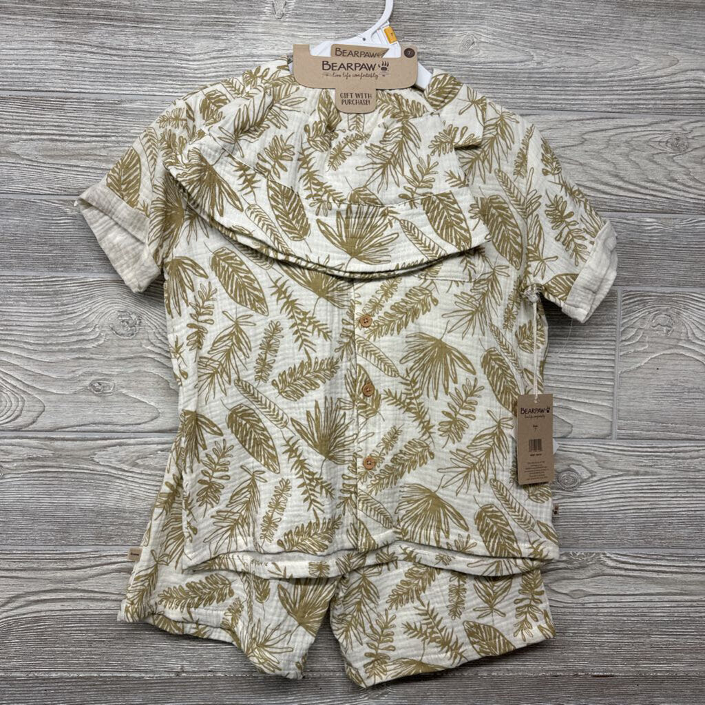 NEW Button Up Shirt & Shorts W/ Bucket Hat Leaves