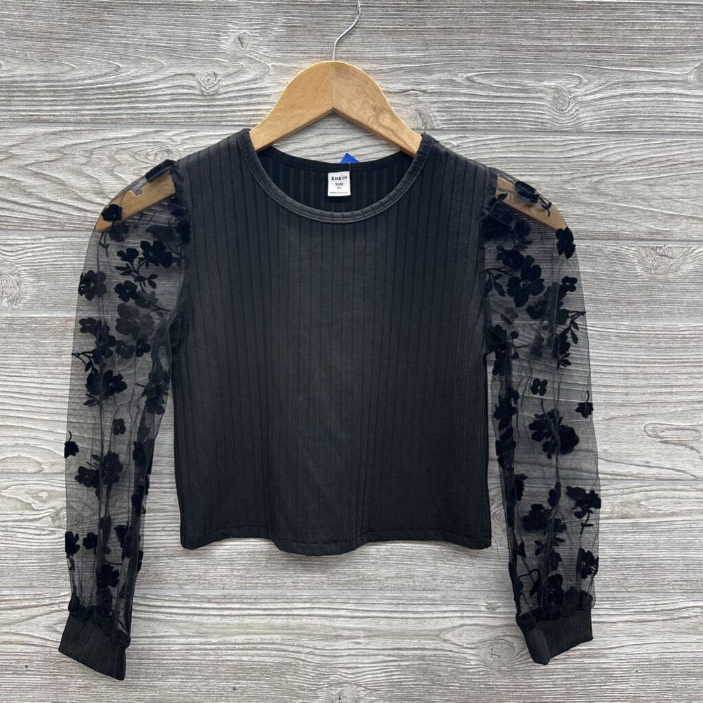 LS Ribbed Shirt Sheer Sleeves Flowers