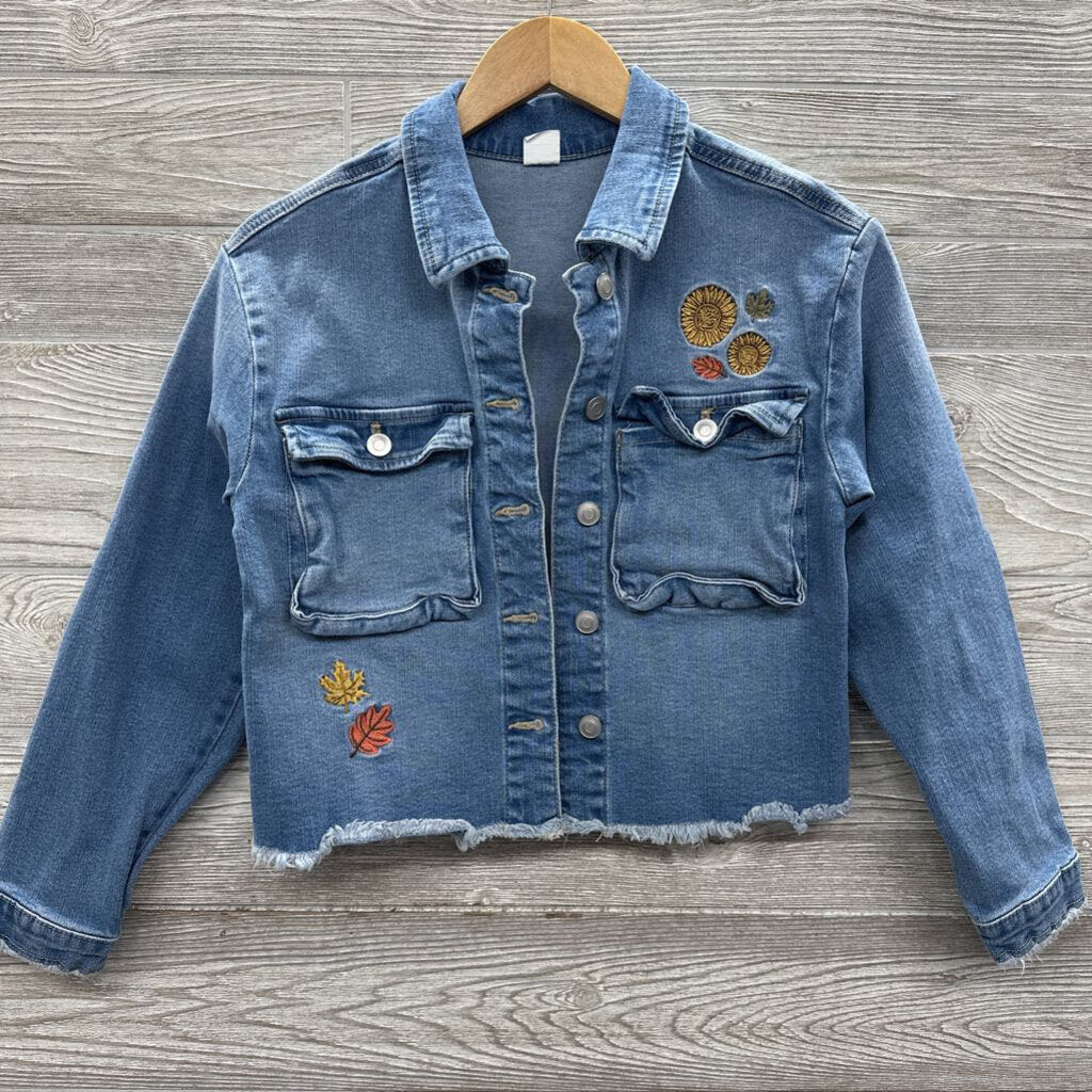 Denim Jacket Embroidered Flowers Raw Trim
