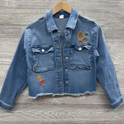 Denim Jacket Embroidered Flowers Raw Trim