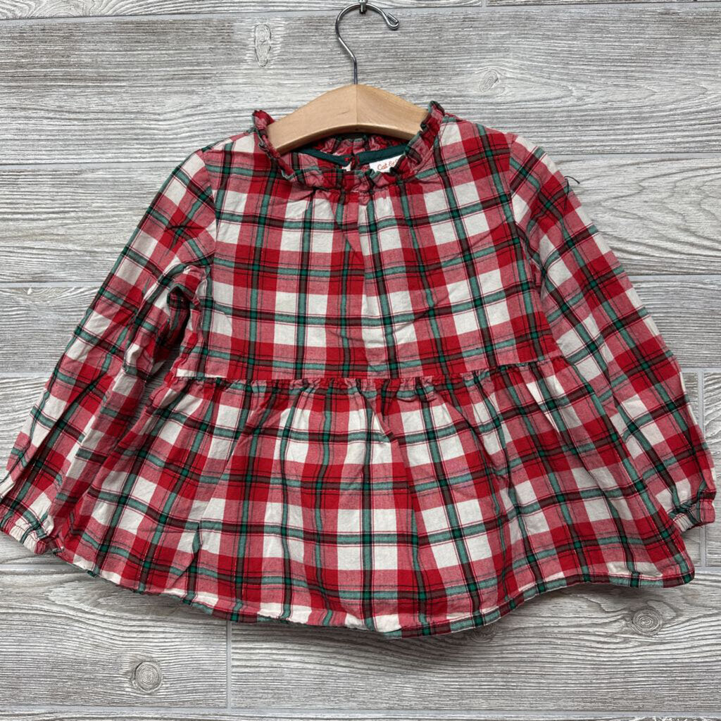 LS Plaid Peplum Shirt Ruffle Collar