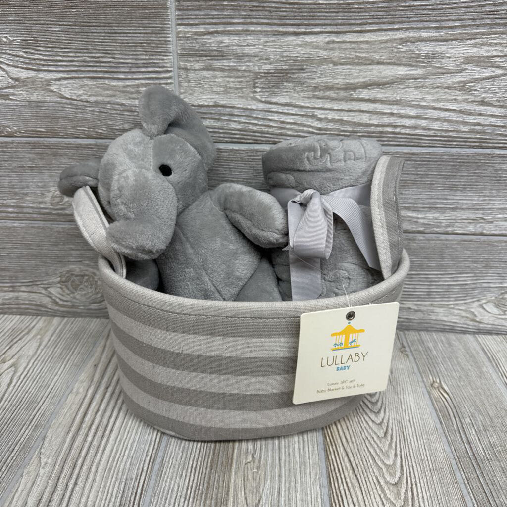 NEW Plush Elephant, Blanket & Basket