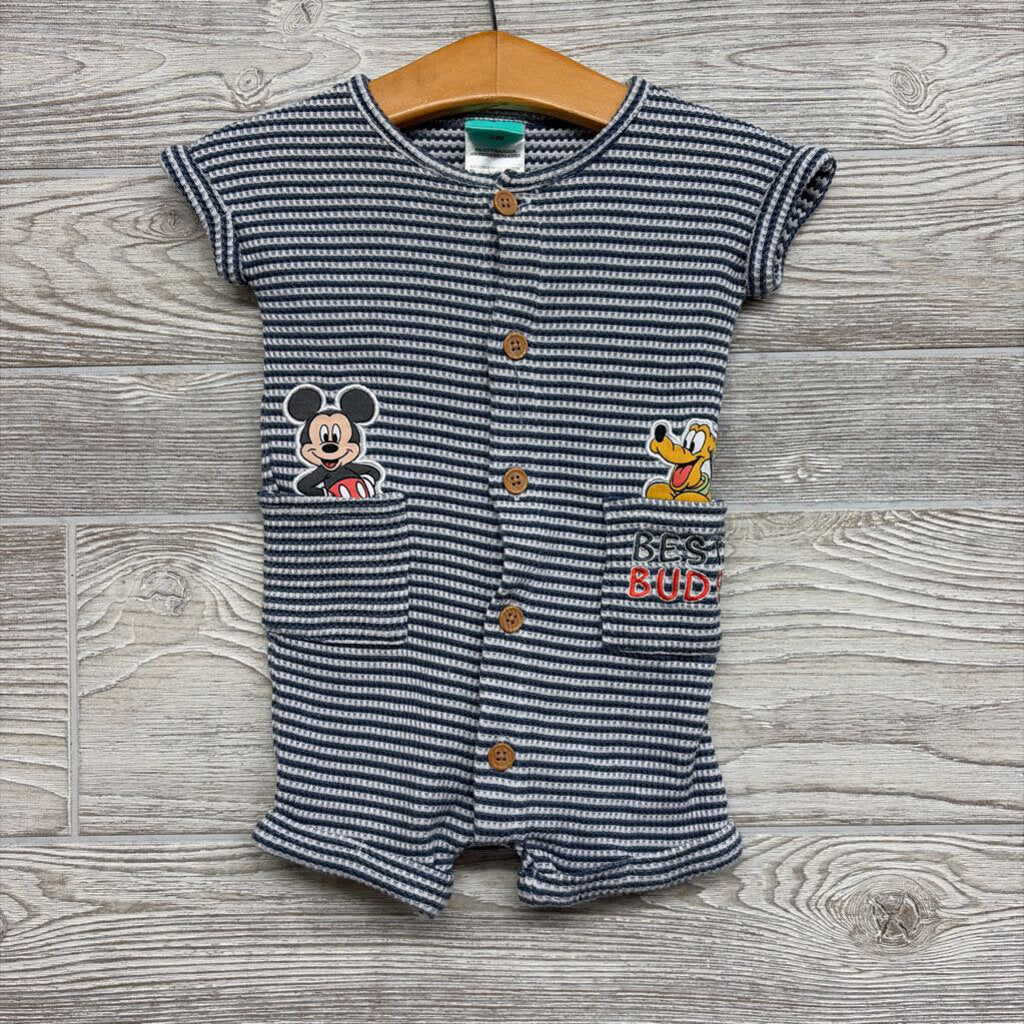 Ribbed Button Up Shorty Romper Stripes Mickey Pluto