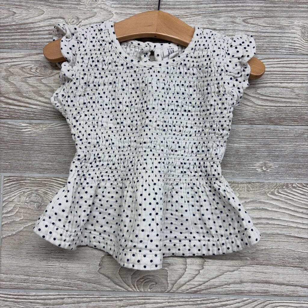 Smocked Peplum Shirt Ruffle Shoulder Dots