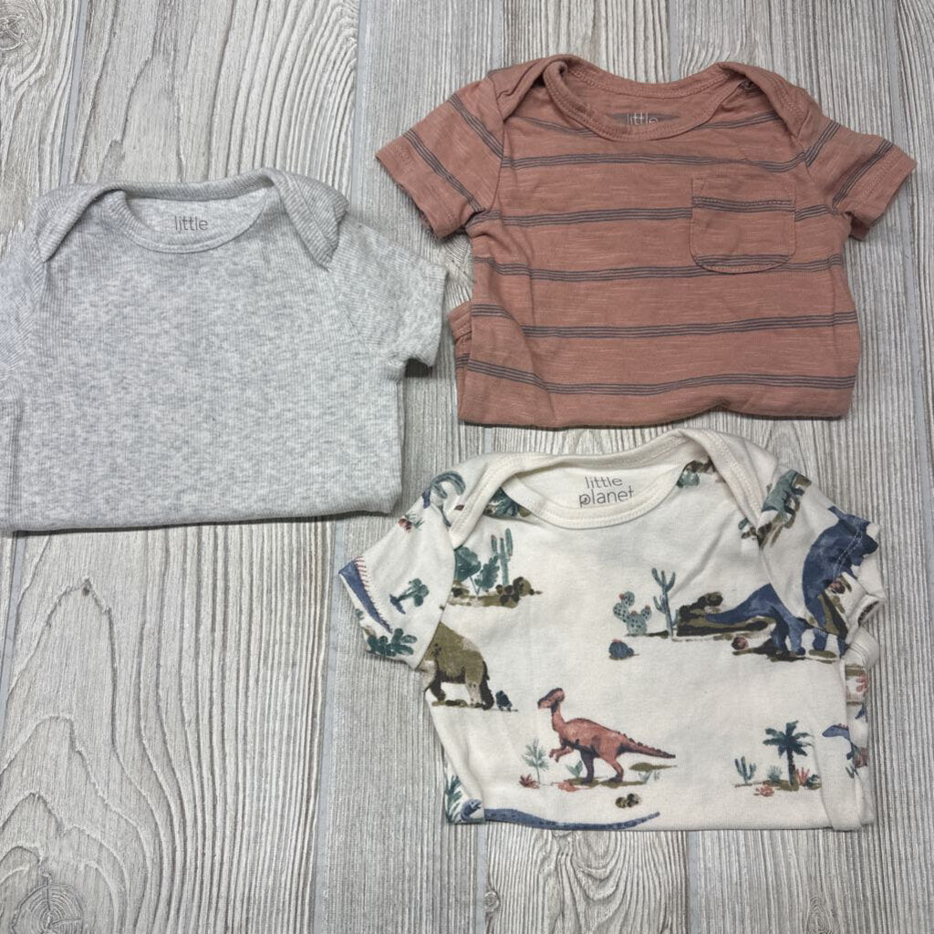 3 Pk Bodysuits Stripes Ribbed Dinosaurs 6m