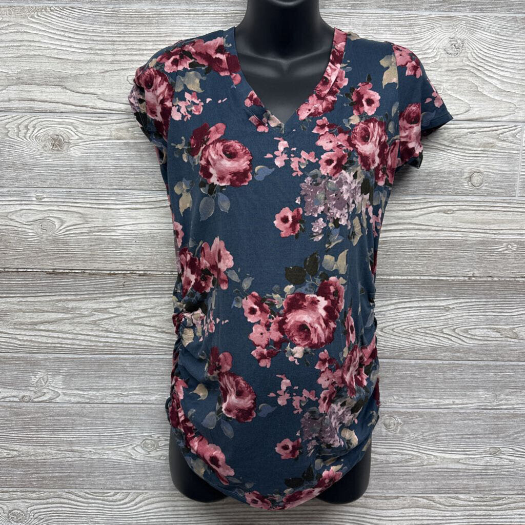 Ruched V Neck Shirt Flowers Large