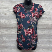 Ruched V Neck Shirt Flowers Large