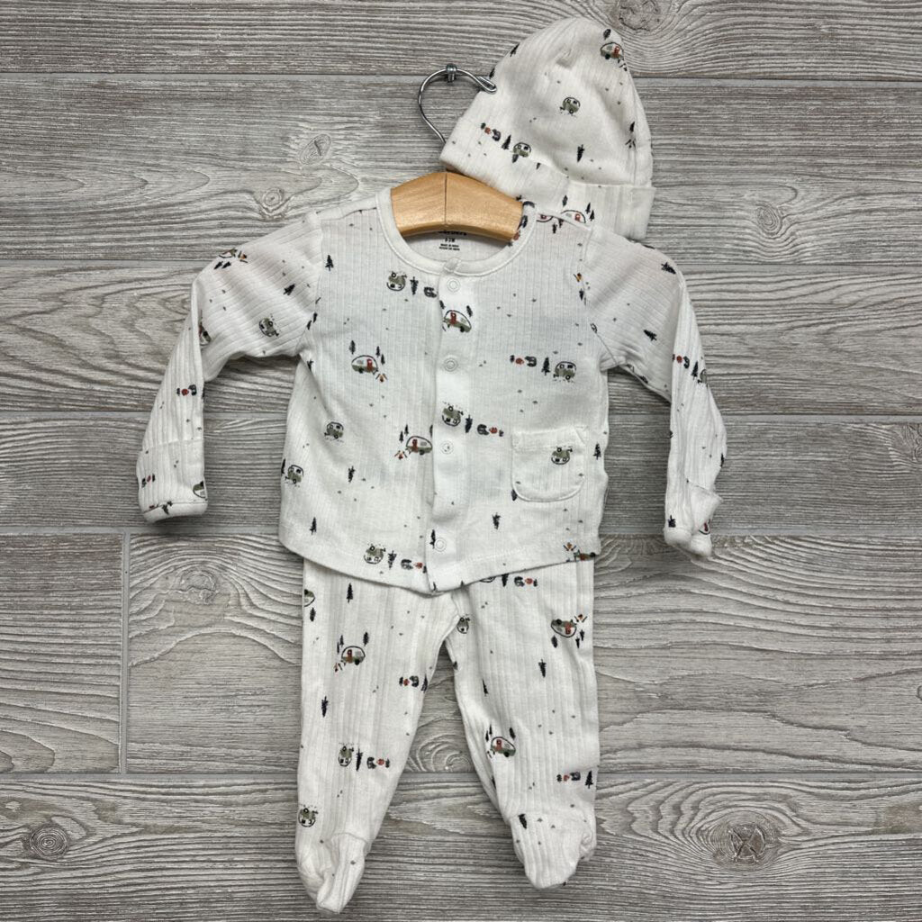 LS Ribbed Snap Up Shirt & Footed Pants W/ Hat Camping 0-3m