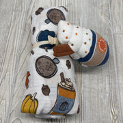 NEW Muslin Blanket & Latte Rattle Leaves Acorns