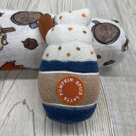 NEW Muslin Blanket & Latte Rattle Leaves Acorns