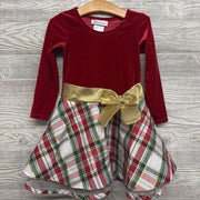 LS Velour Plaid Dress Bow 3t