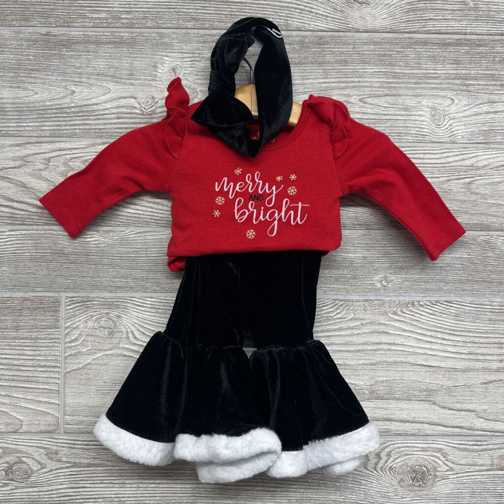 LS Bodysuit & Velour Pants W/ Headwrap Merry And Bright 3m