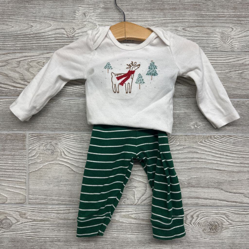 LS Bodysuit & Pants Embroidered Reindeer Trees Stipes 9m