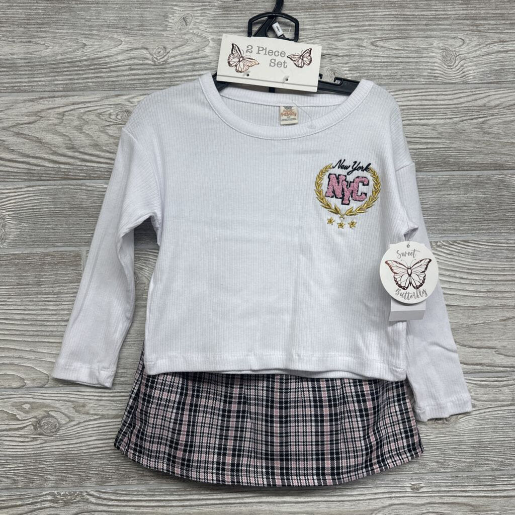 NEW LS Ribbed Shirt & Plaid Skirt NYC 3t