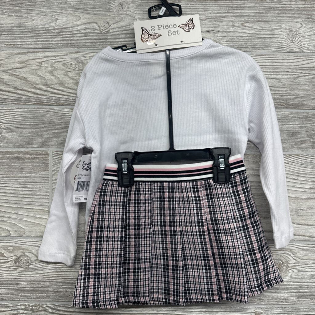 NEW LS Ribbed Shirt & Plaid Skirt NYC 3t
