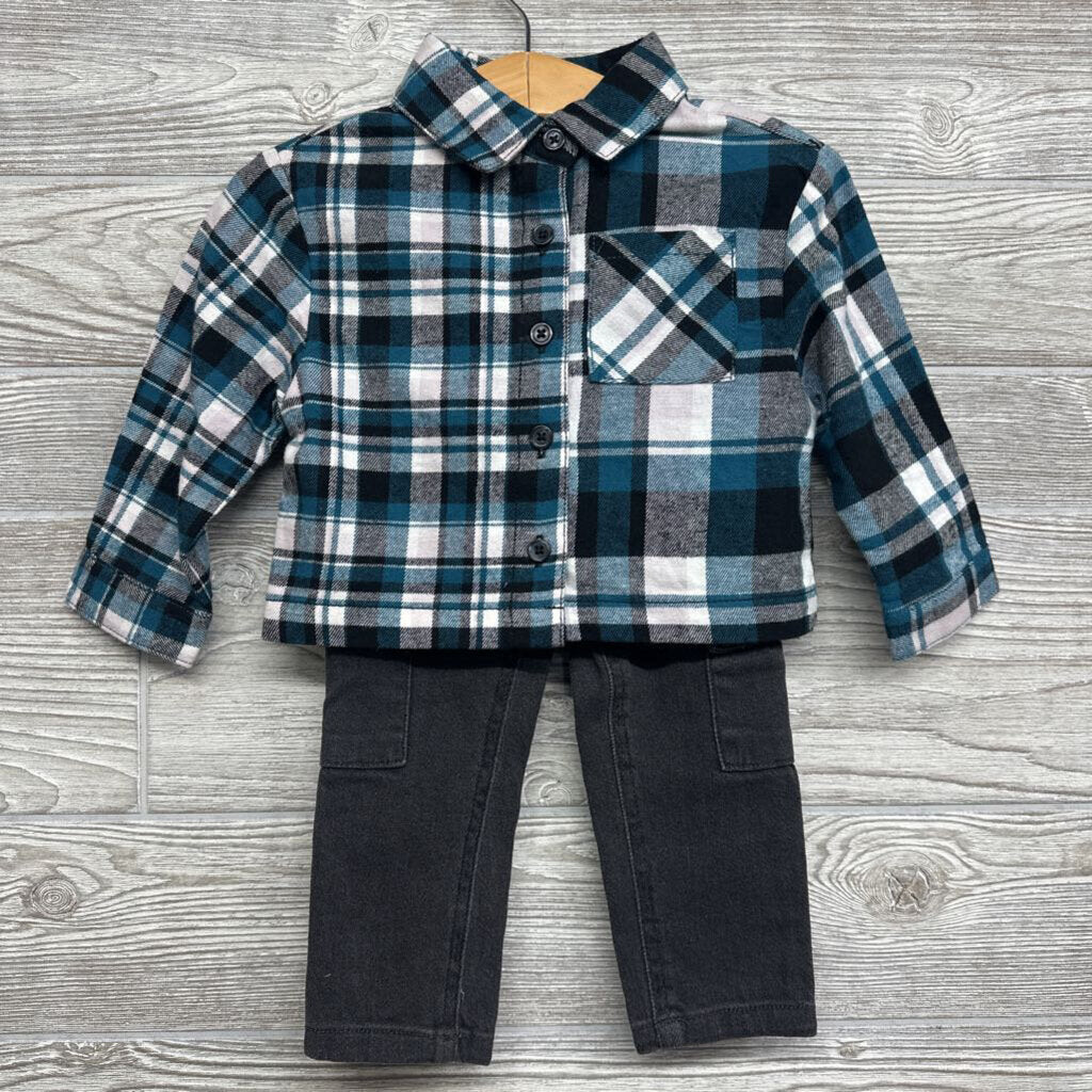 LS Cropped Plaid Flannel Shirt & Cargo Jeans 12m