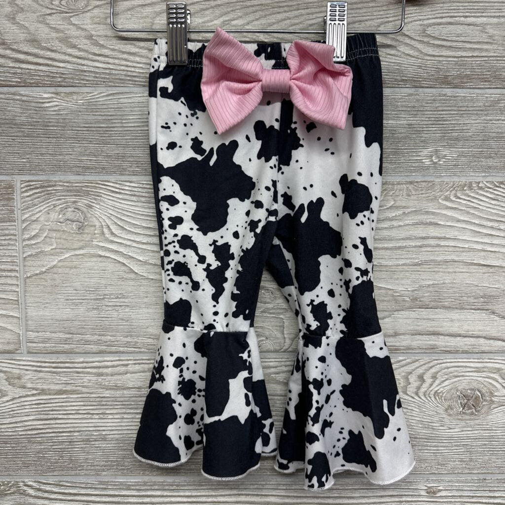 LS Puffy Sleeve Ribbed Bodysuit & Bell Bottom Pants W/ Headwrap Cow Print 3-6m