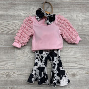 LS Puffy Sleeve Ribbed Bodysuit & Bell Bottom Pants W/ Headwrap Cow Print 3-6m