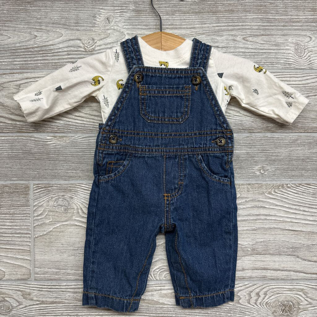 Denim Overalls & LS Shirt Dinosaurs Trees nb