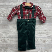 LS Button Up Plaid Bodysuit & Velour Suspender Pants 0-3m