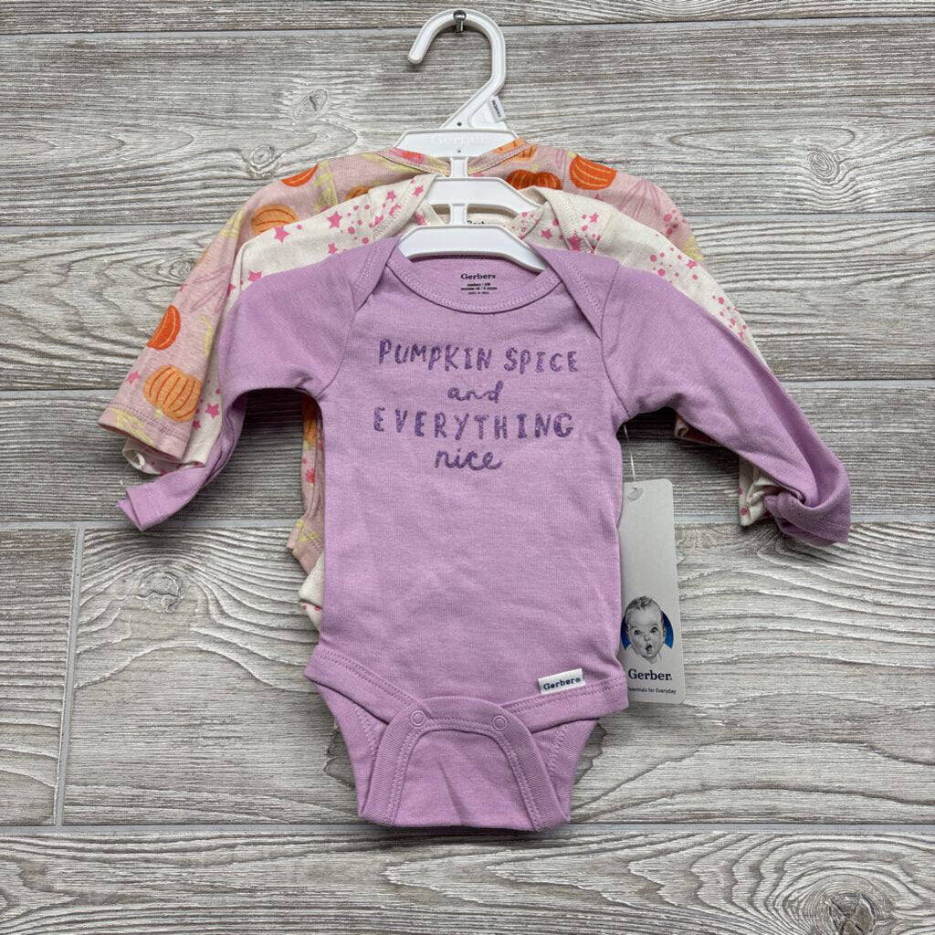 NEW 3 Pk LS Bodysuits Pumpkins, Stars NB