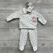 Side Snap Quilted Shirt & Footed Pants W/ Headwrap Flowers 0-3m