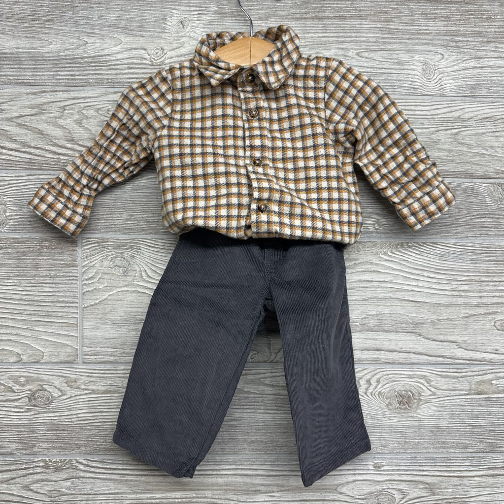 Flannel Button Up Plaid Shirt & Corduroy Pants 9M