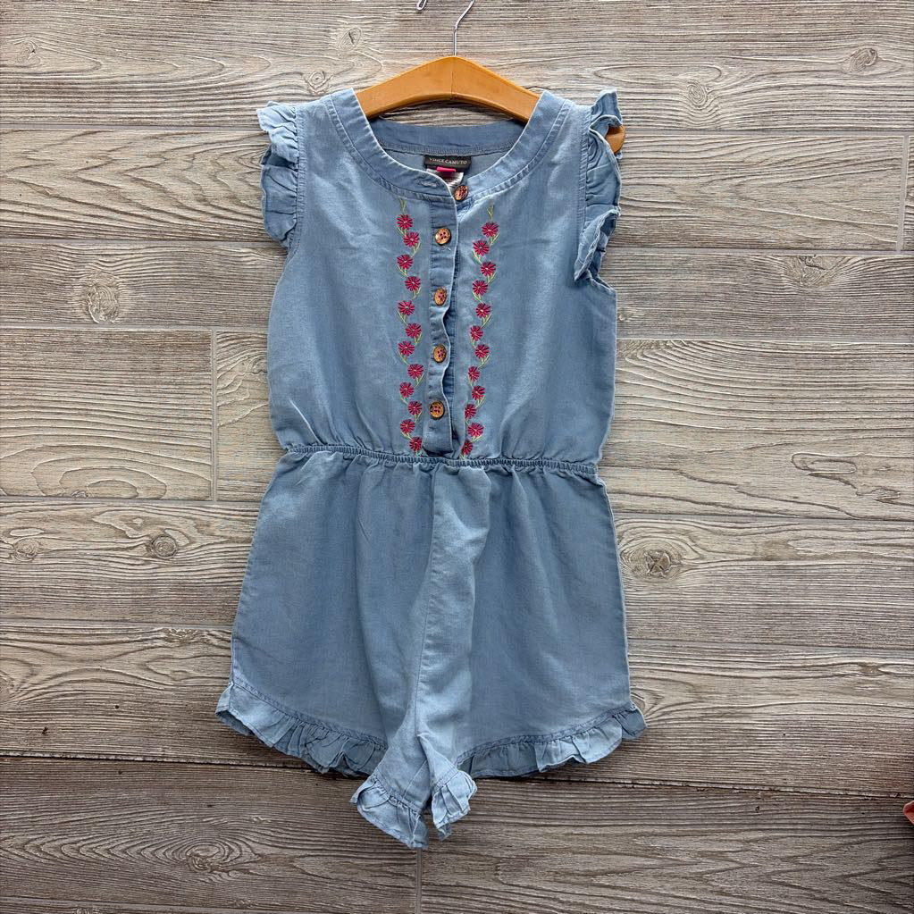 Chambray Flutter Sleeve Romper Embroidered Flowers 10
