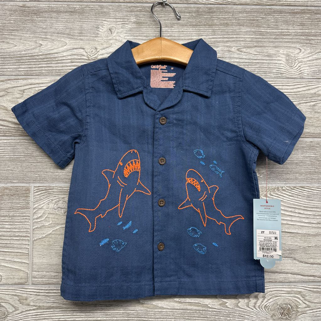 NEW Tropical SS Button Up Embroidered Sharks 2t