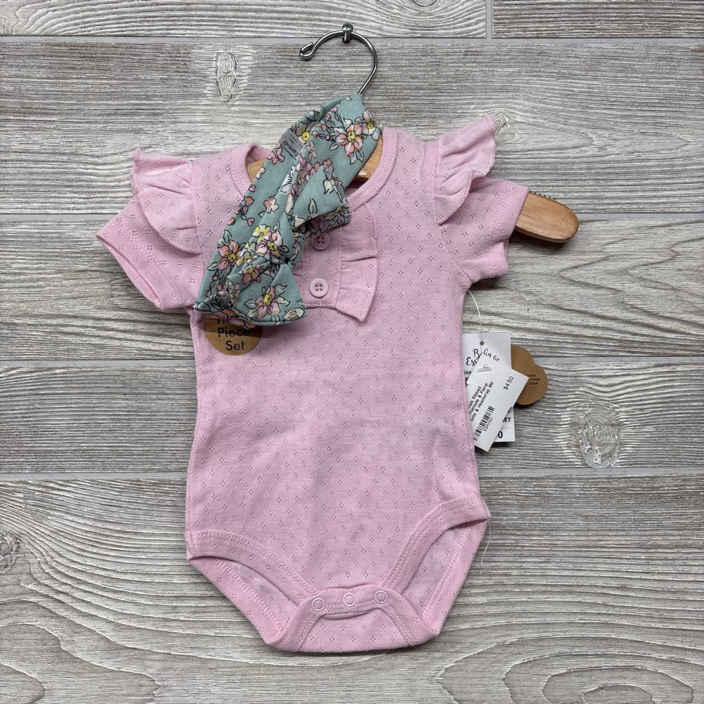 Ribbed Bodysuit Pointelle & Floral Flare Pants & Headwrap 6M