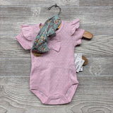 Ribbed Bodysuit Pointelle & Floral Flare Pants & Headwrap 6M