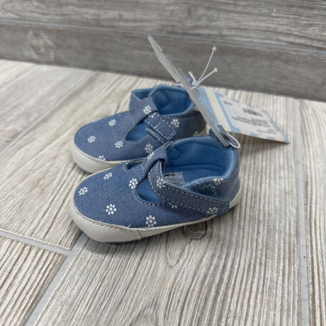 NEW Chambray Mary Jane Crib Shoes Flowers 2c