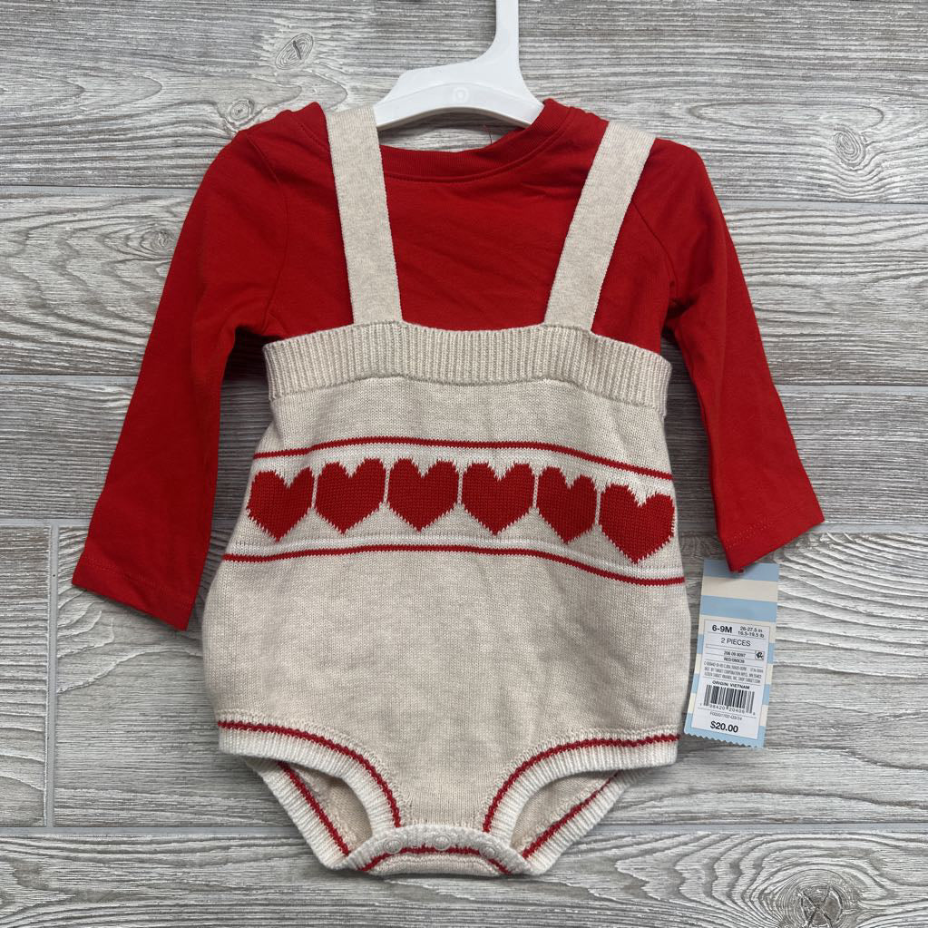 NEW LS Shirt & Knit Suspender Shorts Hearts 6-9M
