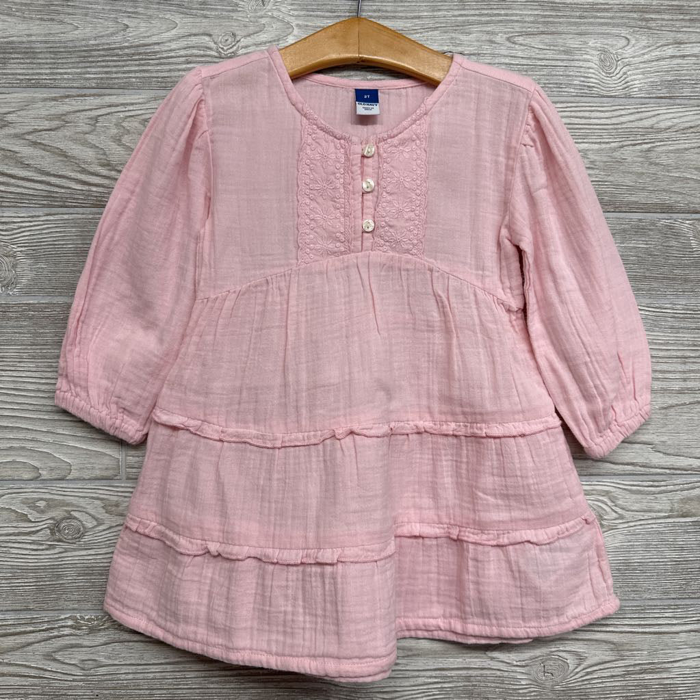 Nw/oT LS Gauze Tiered Dress Embroidered Flowers 2T