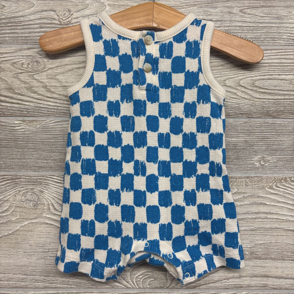 Waffle Knit Tank Henley Shorty Romper Checkered
