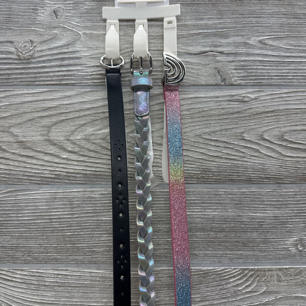 NEW 3 Pk Belts Braided Glitter Rainbow 14